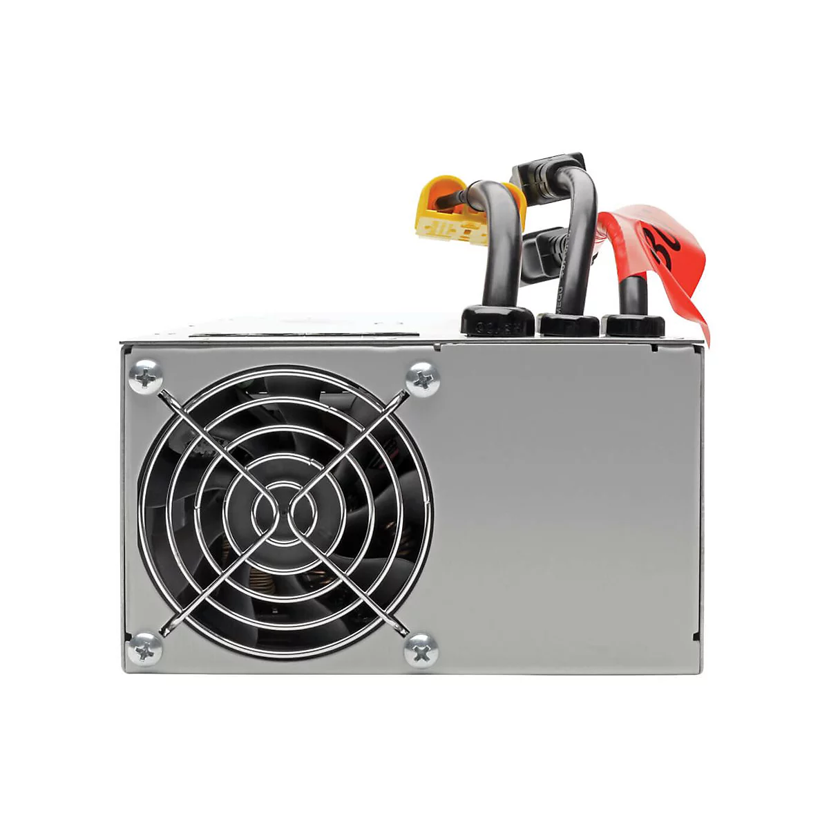 Grauer Computerstromanschluss mit Lüfter und Kabeln, rote Markierung.