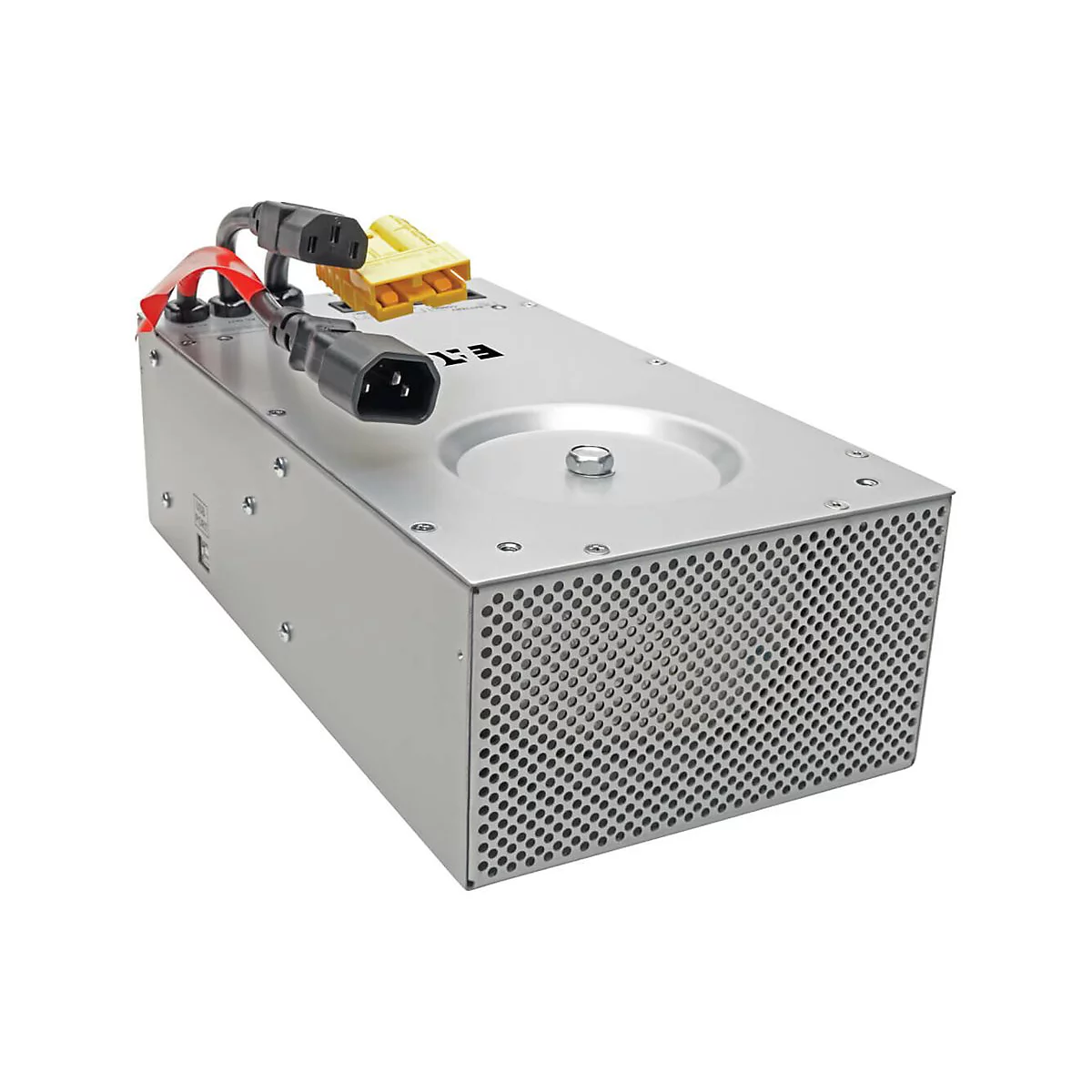 Silbernes elektronisches Gerät mit Lochmuster, schwarzen Kabeln und gelben Anschlüssen.