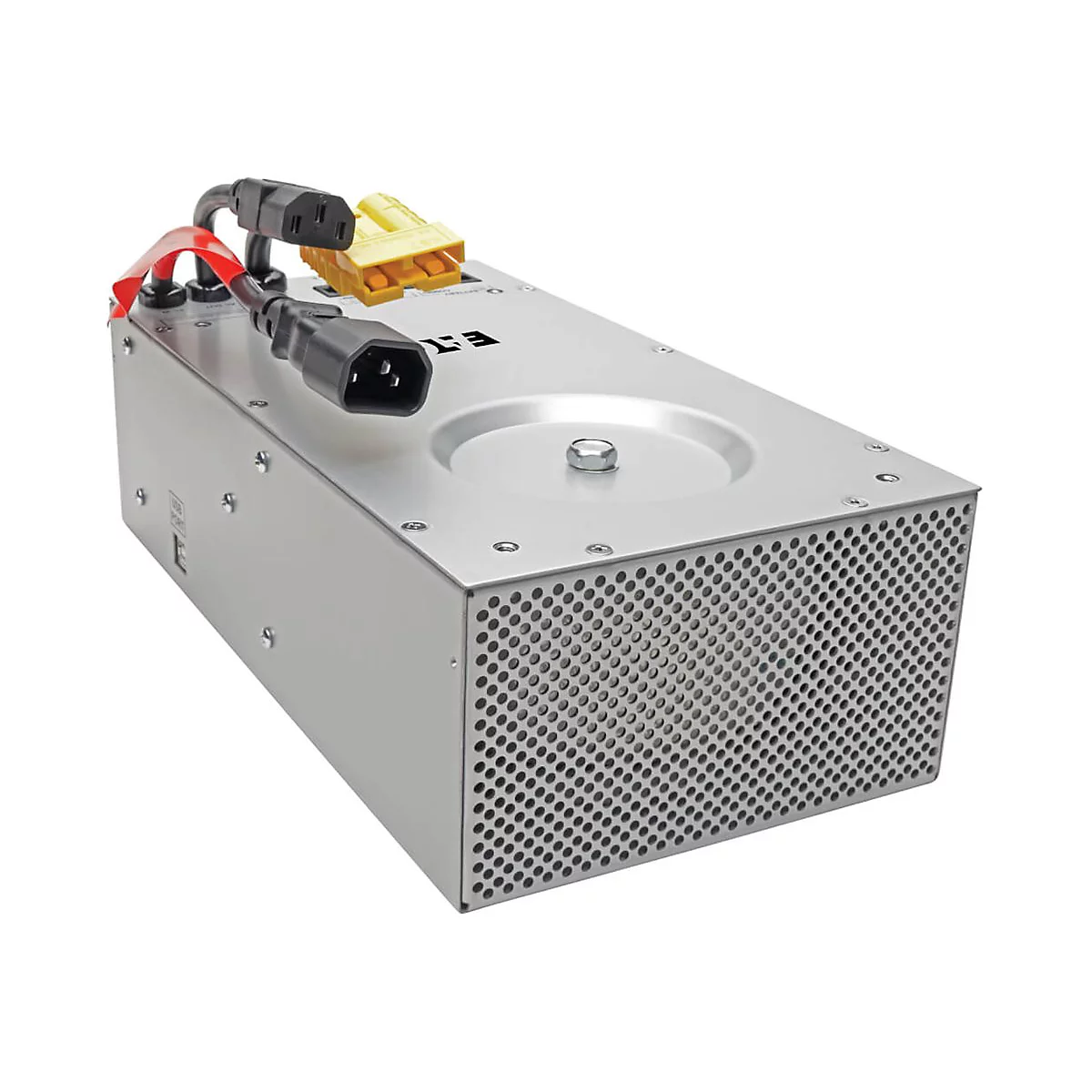 Silberne, rechteckige Stromversorgung mit Anschlüssen, schwarzen Kabeln und dem Logo E.T.