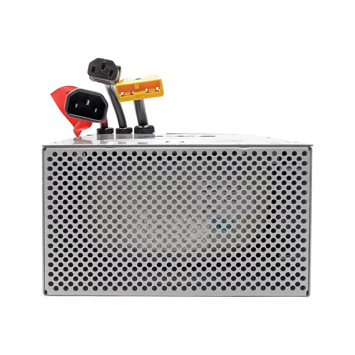 Grauer Computerstromanschluss mit drei Kabeln und Steckern. Ein Stecker rot, einer schwarz, einer gelb.