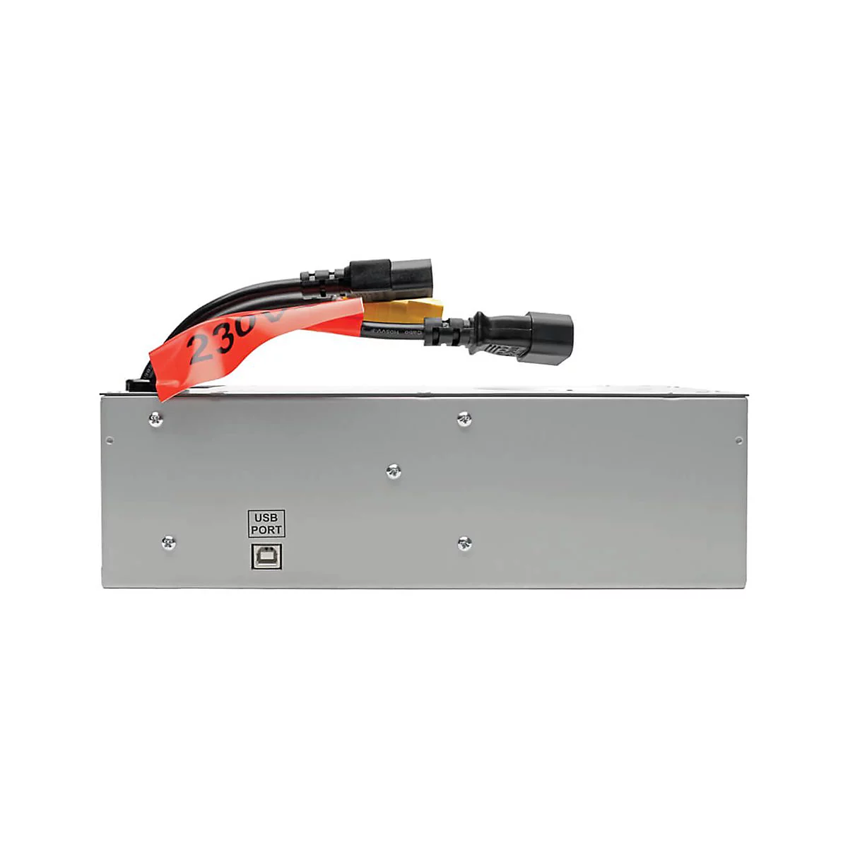 Grauer Kasten mit Kabeln und der Aufschrift 230 auf einem orangen Zettel, darunter ein USB-Port-Symbol.