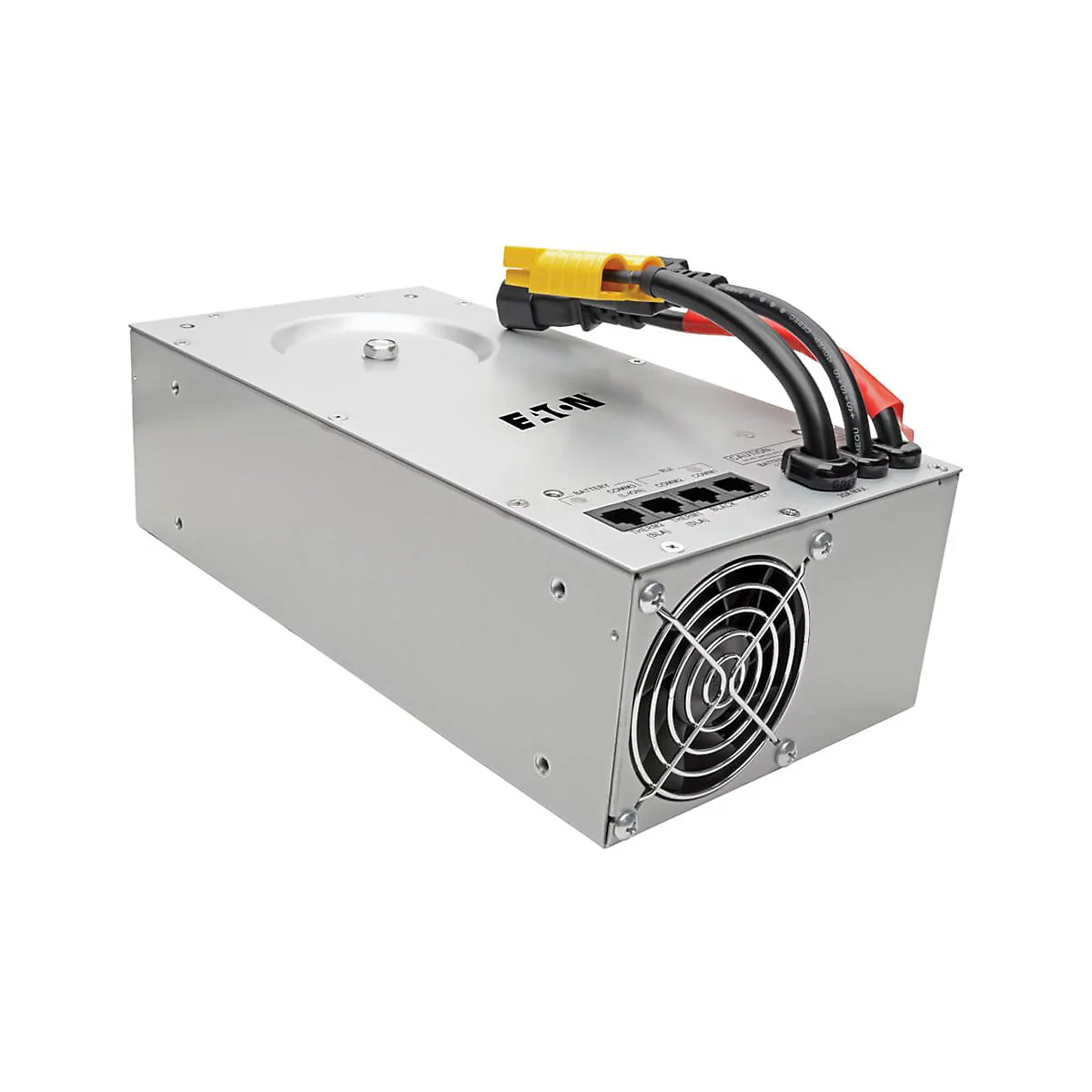 Ein silberner Eaton USV-Stromversorger mit schwarzen und roten Kabeln, gelbem Stecker und Lüfter.