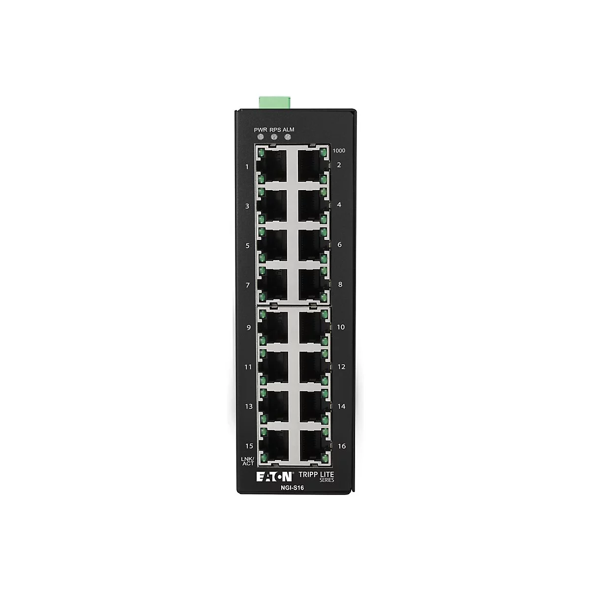 Schwarzer Netzwerk-Switch mit 16 Ports, beschriftet mit Zahlen. Oben links: PWR, RPS, ALM. Unten: Eaton, Tripp Lite, NGI-S16.