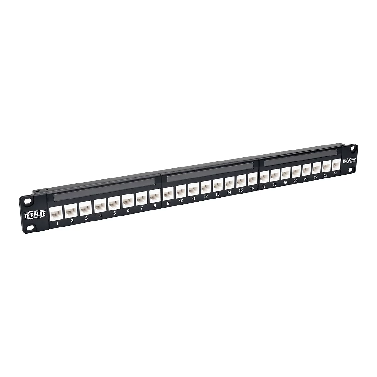 Schwarzes Tripp Lite Patchpanel mit 24 nummerierten Anschlüssen. Logos und Zahlen gut erkennbar.