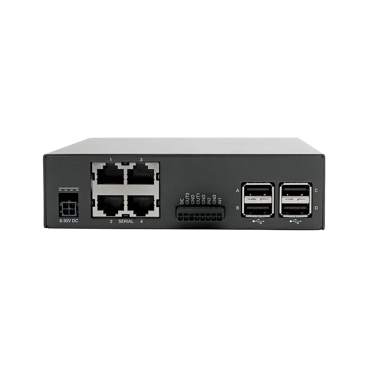 Schwarzes Gerät mit Anschlüssen. Oben: 4 Ethernet-Ports. Unten: Strom, seriell, USB-Anschlüsse. Beschriftung: 9-30V DC, Serial.