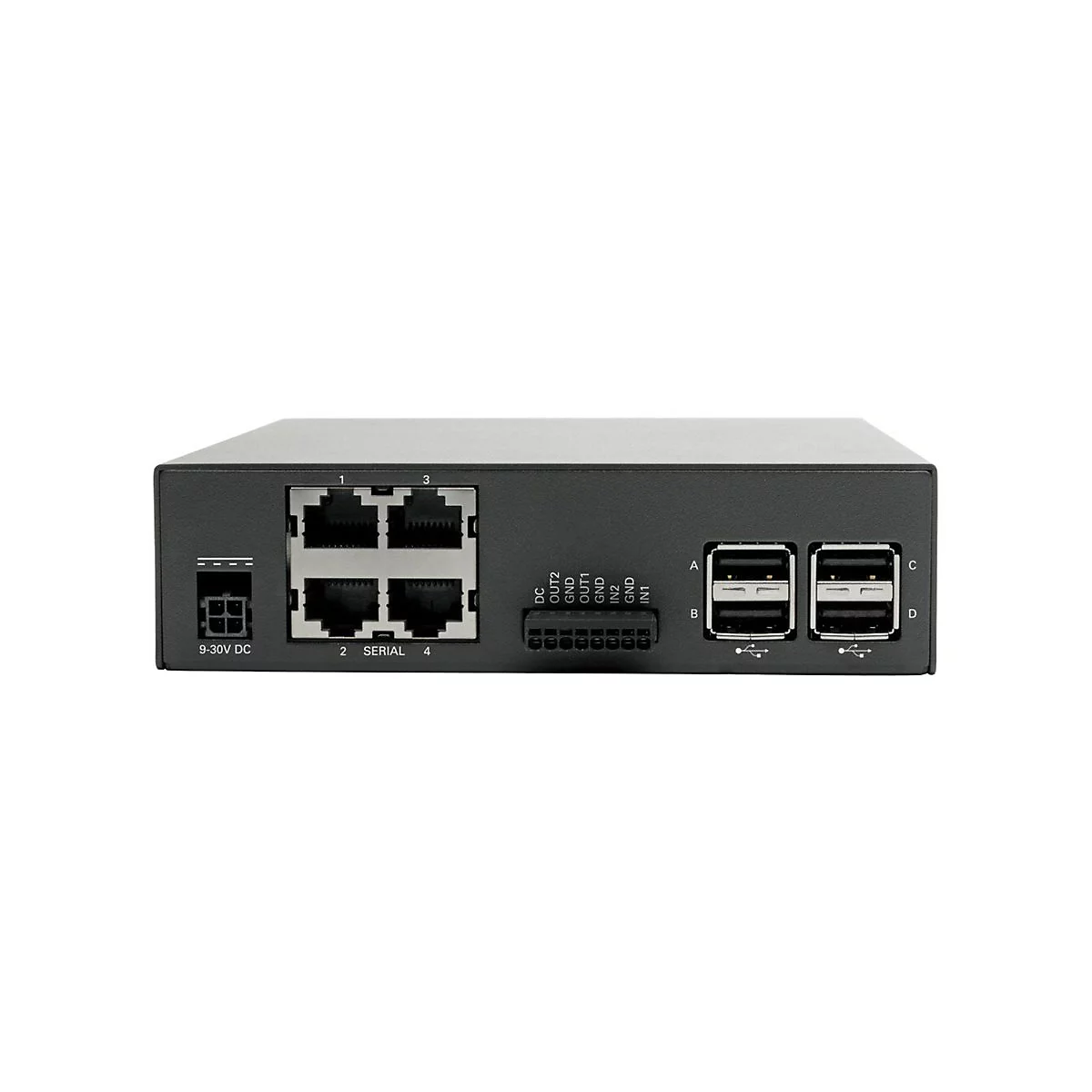 Schwarzes Netzwerkgerät mit Anschlüssen für Strom, Ethernet und USB. Beschriftungen: 9-30V DC, 1-4, SERIAL, A-D, OUT2-IN1.