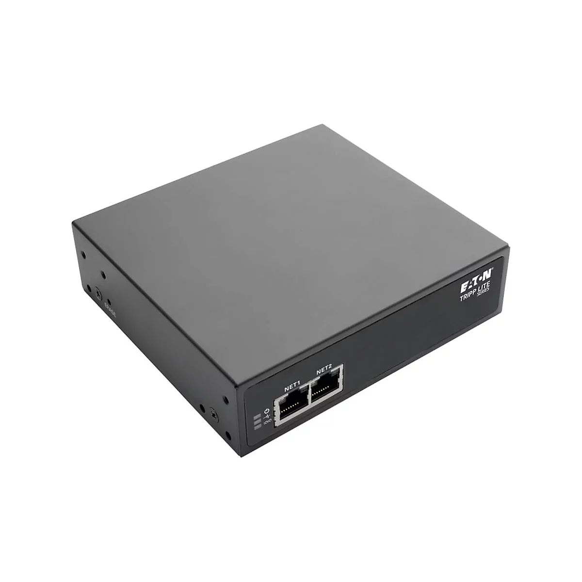 Ein schwarzes elektronisches Gerät, Eaton Tripp Lite Series, mit Anschlüssen Net1 und Net2.