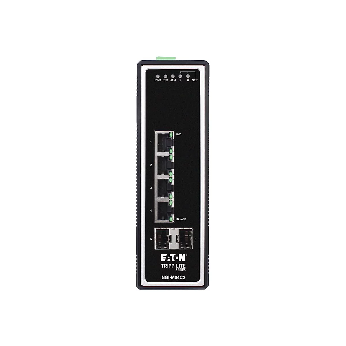 Schwarzer Netzwerkswitch mit Ports, Leuchten und Aufschrift. Markenlogo: Eaton Tripp Lite. Modell NGI-M04C2.