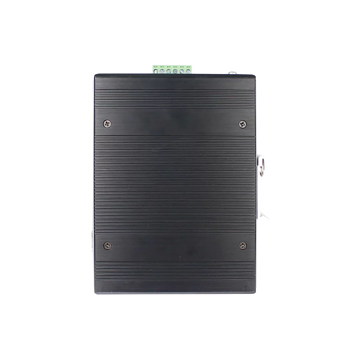 Schwarzes rechteckiges elektronisches Gerät. Oberfläche mit geriffelter Textur, Schrauben fixiert. Oben grüne Anschlussklemmen.