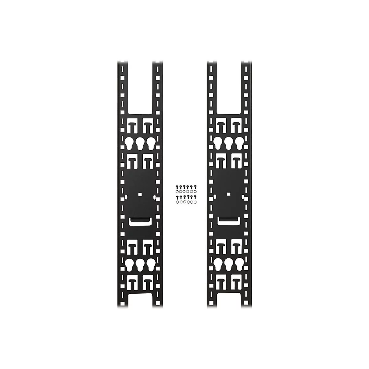 Zwei schwarze Gestelle mit Löchern, Haken und Schrauben auf weißem Hintergrund.
