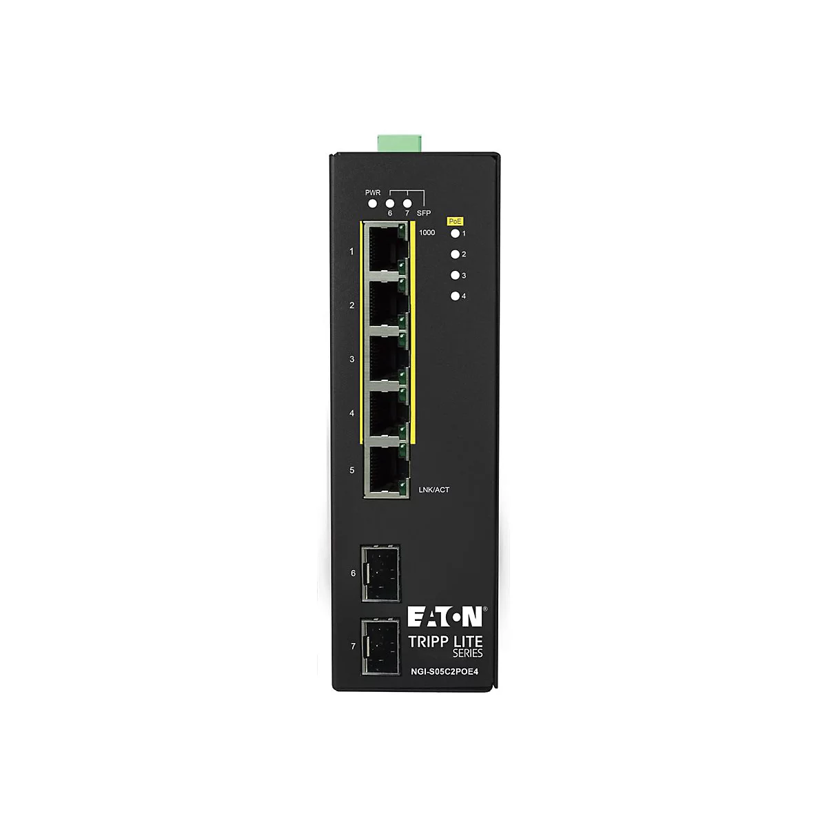 Schwarzer Netzwerk-Switch mit Ports und LEDs. Oben steht "PWR", "SFP", "PoE", "1000". Unten steht "LNK/ACT". Logo: Eaton Tripp Lite.