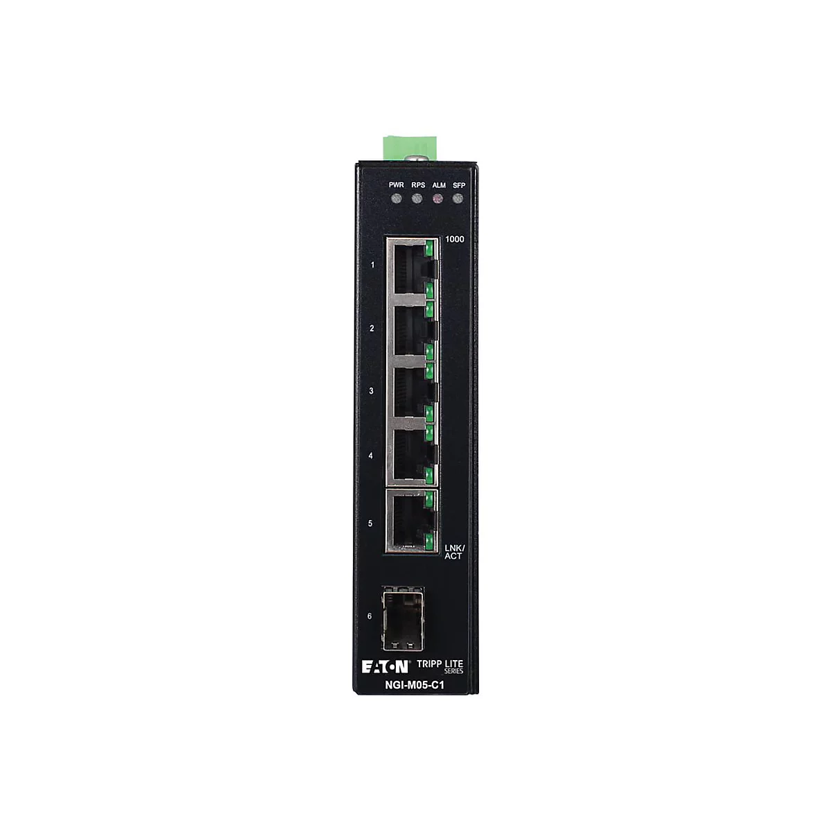 Schwarzer Netzwerk-Switch mit Anschlüssen und LED-Anzeigen. Oben steht Eaton Tripp Lite Series NGI-M05-C1.