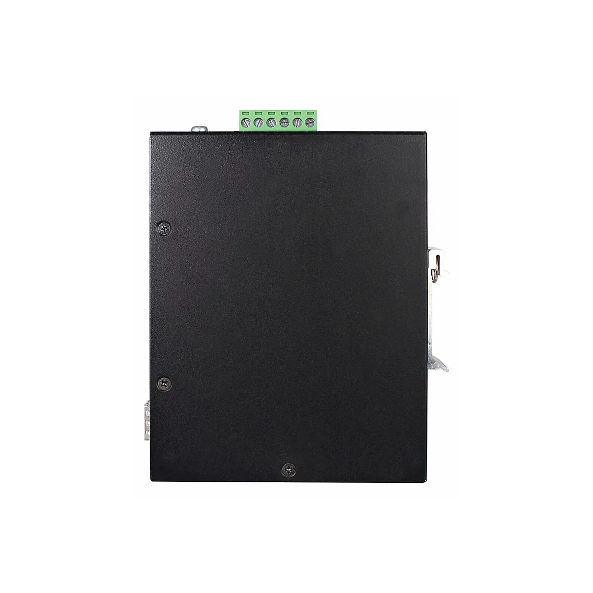 Schwarzes elektronisches Gerät, grüne Anschlussleiste oben, Schrauben an den Seiten.