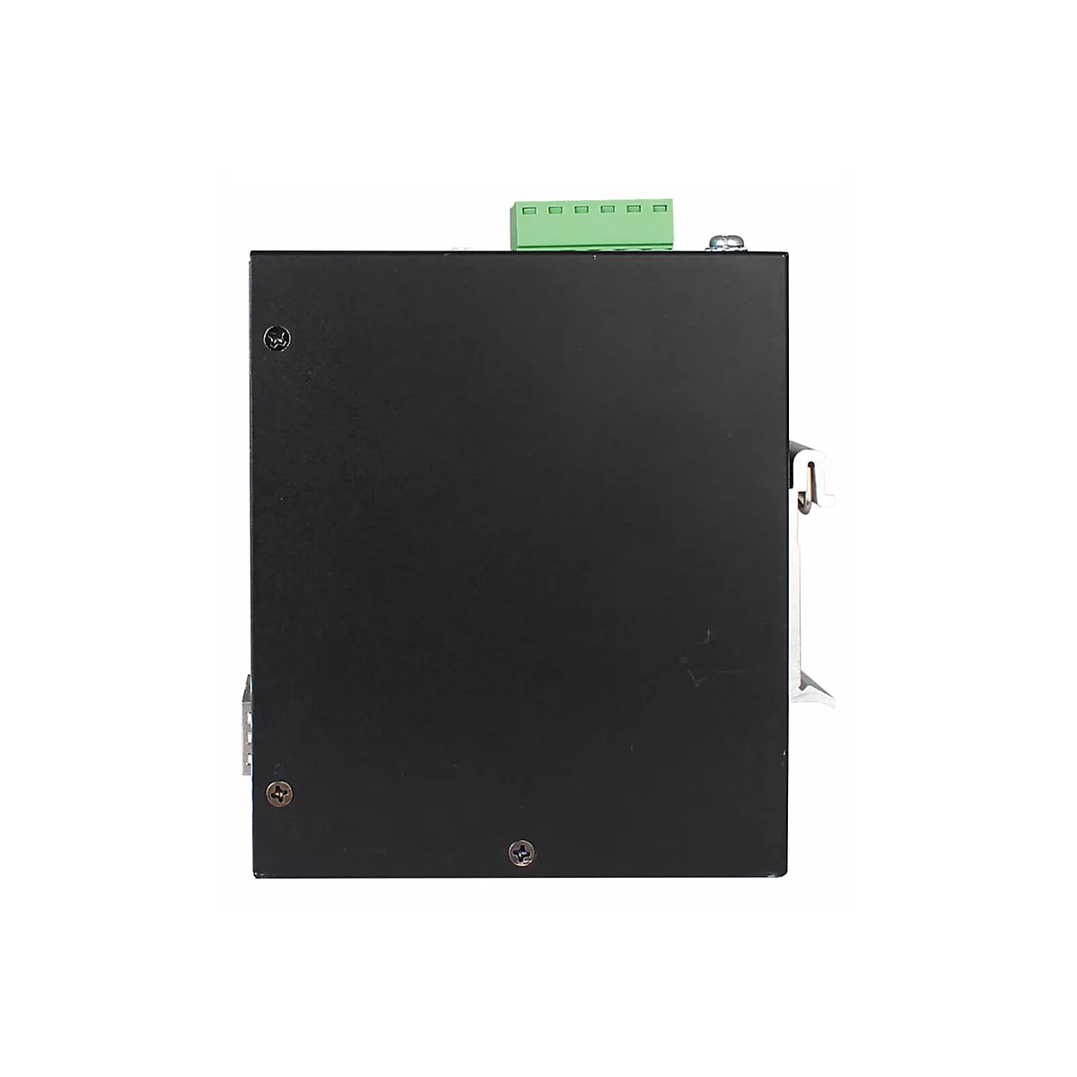 Schwarzes rechteckiges elektronisches Gerät mit grünem Anschluss. Auf weißem Hintergrund.