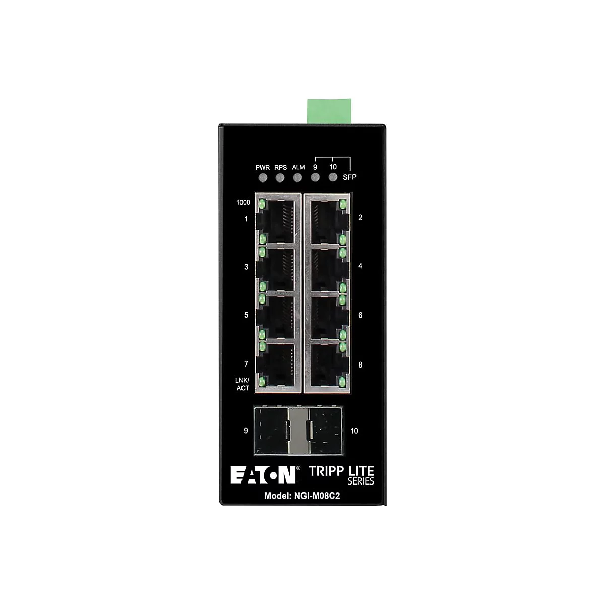 Schwarzer Netzwerk Switch mit Anschlüssen und Anzeigen. Aufschrift: Eaton Tripp Lite Series, Model NGI-M08C2.