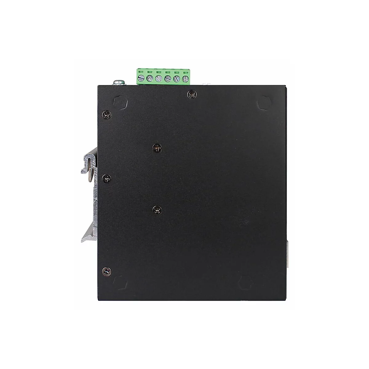 Schwarzes elektronisches Gerät mit grünen Anschlussklemmen, Schrauben und Metallhalterung, vor weißem Hintergrund.