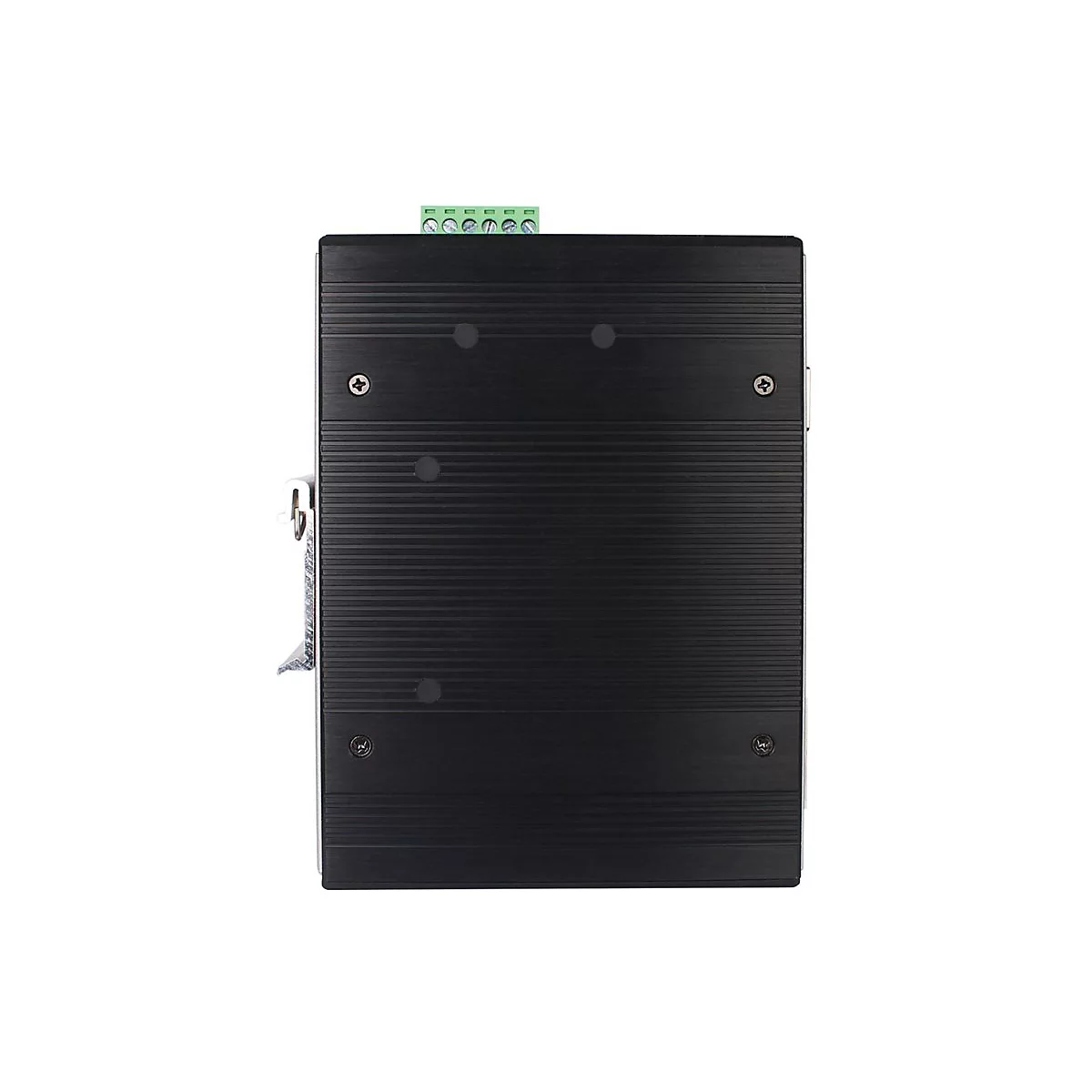 Schwarzes rechteckiges elektronisches Gerät mit Anschlussleiste und Schrauben. Auf weißem Hintergrund.