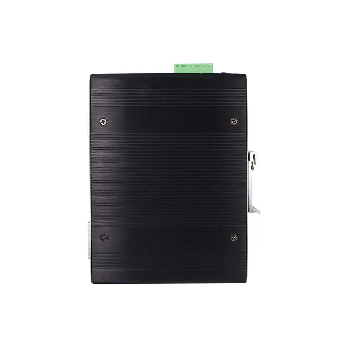 Schwarzes rechteckiges Gerät mit geriffelter Oberfläche, Schrauben und grünen Anschlüssen.