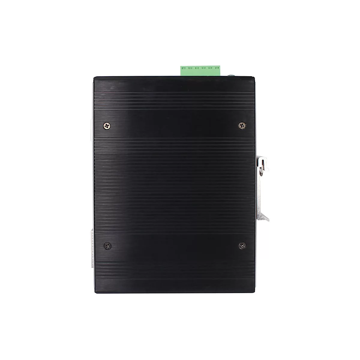 Schwarzes, rechteckiges elektronisches Gerät mit horizontalen Linien und Schrauben an den Ecken. Oben grüne Anschlüsse.