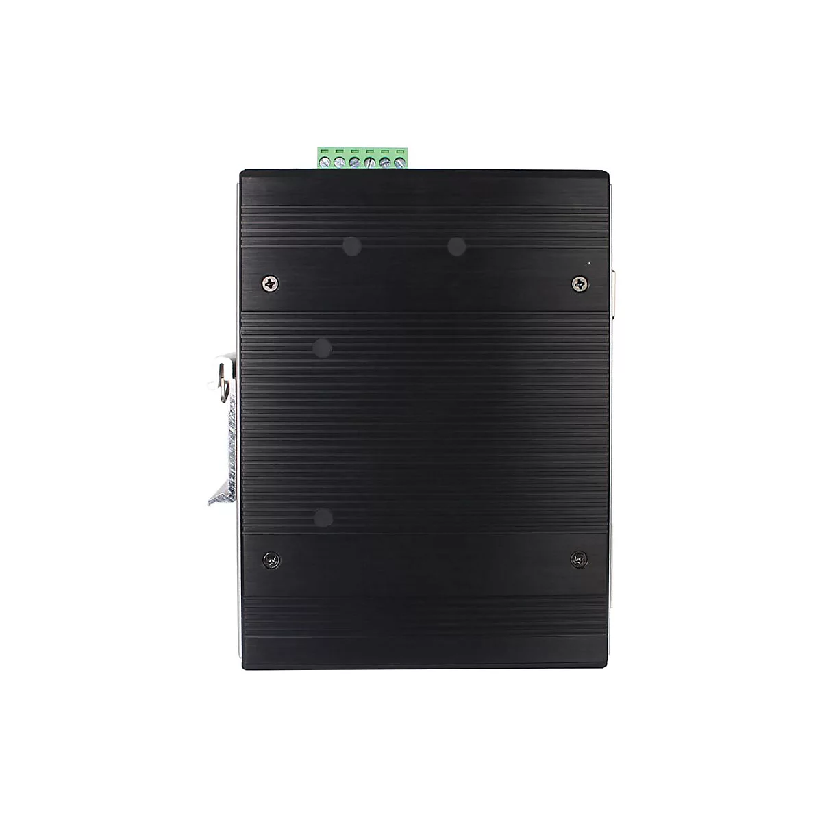 Schwarzes elektronisches Gerät, mit Schrauben, Anschlüssen und einer Halterung. Hintergrund weiß.