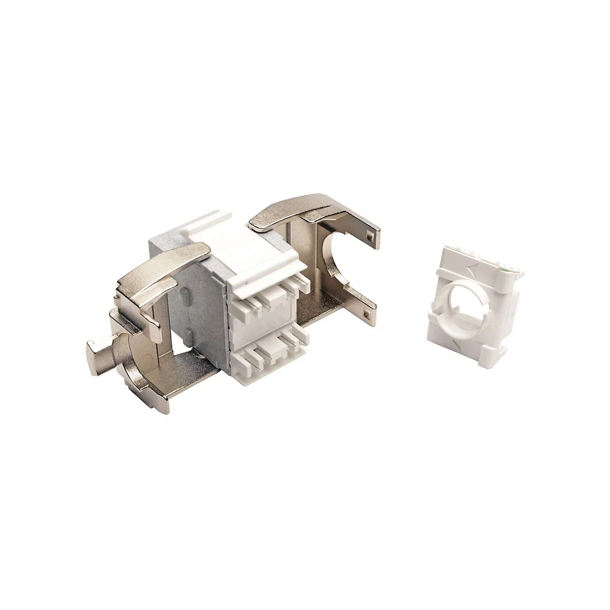 Nahaufnahme eines silbernen und weißen Netzwerkanschlusses. Neben dem Stecker liegt ein weißes Gegenstück.