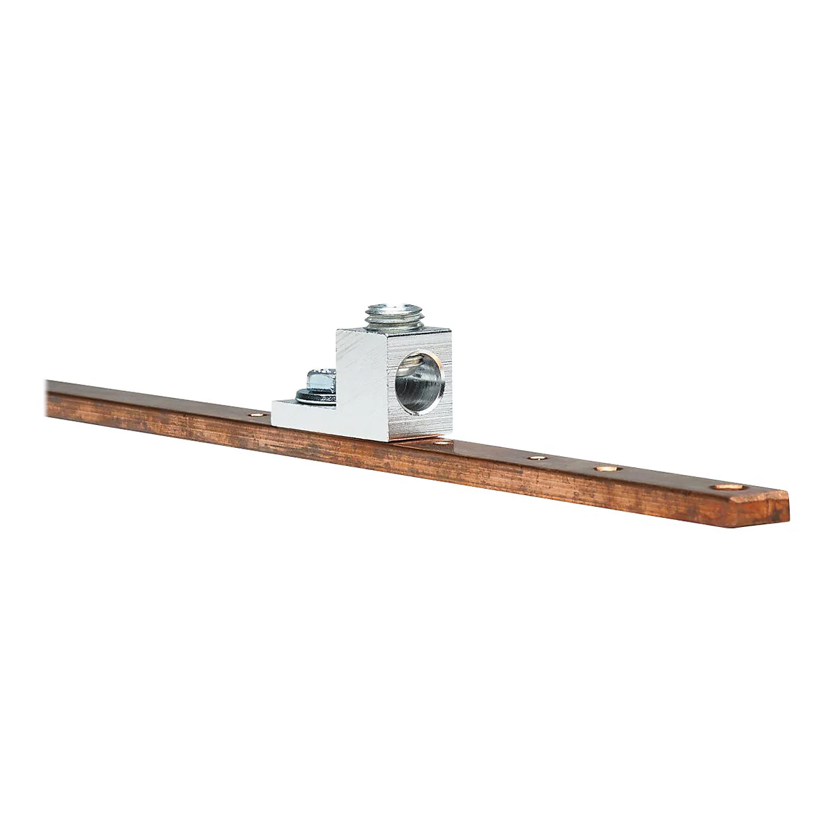 Detailaufnahme einer Stromschiene mit Schraubanschluss, Schrauben und Muttern auf weißem Hintergrund.