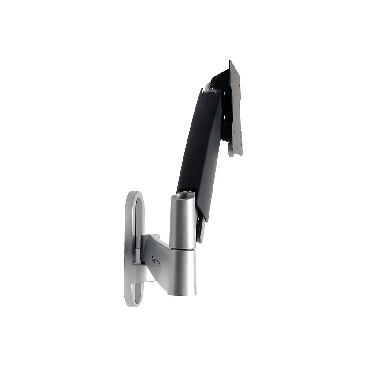 Wandhalterung für Bildschirm, silberfarben und schwarz, vor weißem Hintergrund.