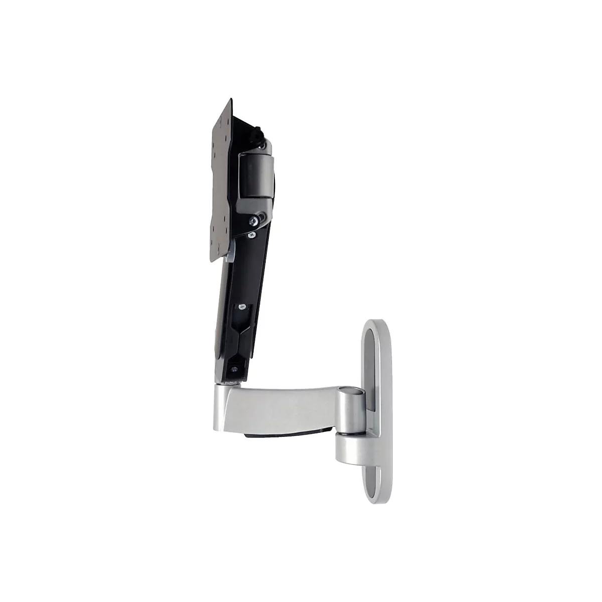 Wandhalterung für Fernseher. Schwarze Halterung mit silberfarbenen Gelenken und Wandplatte. Freigestellt vor weißem Hintergrund.