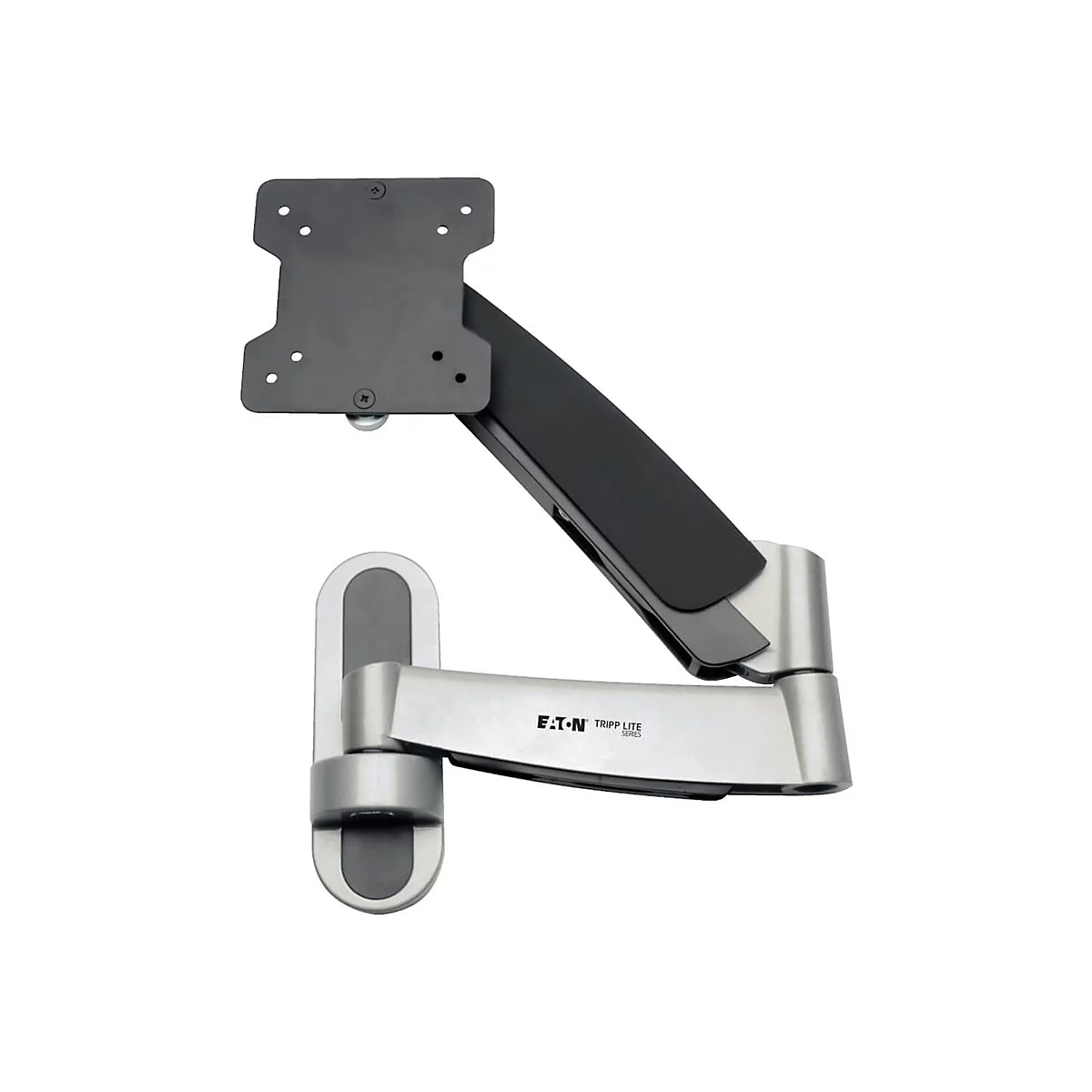 Wandhalterung für einen Monitor, schwarz und silberfarben. Mit den Logos von Eaton und Tripp Lite.