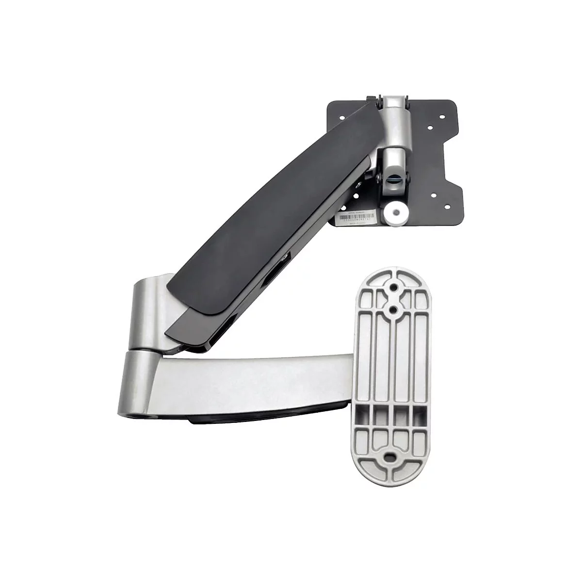 Wandhalterung für Monitor, schwarz-silber. Metall mit beweglichen Gelenken. Flache Grundplatte, längliche Halterung unten.