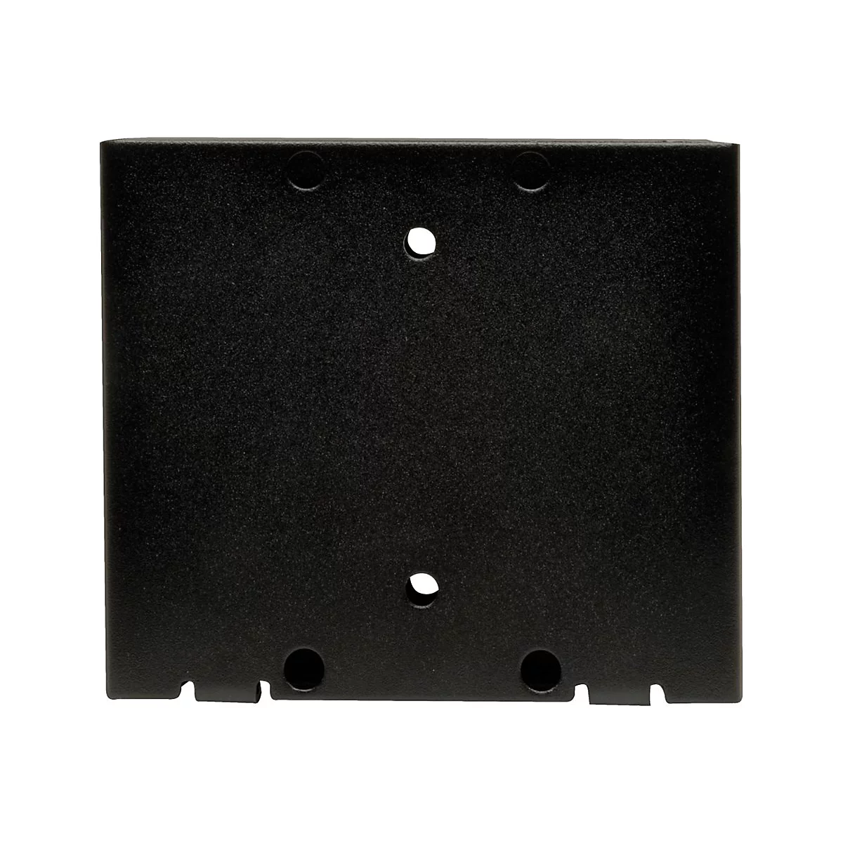 Schwarze, rechteckige Halterung mit abgerundeten Ecken und Löchern. Oben je zwei kreisrunde Aussparungen und ein Loch in der Mitte, unten ebenfalls.