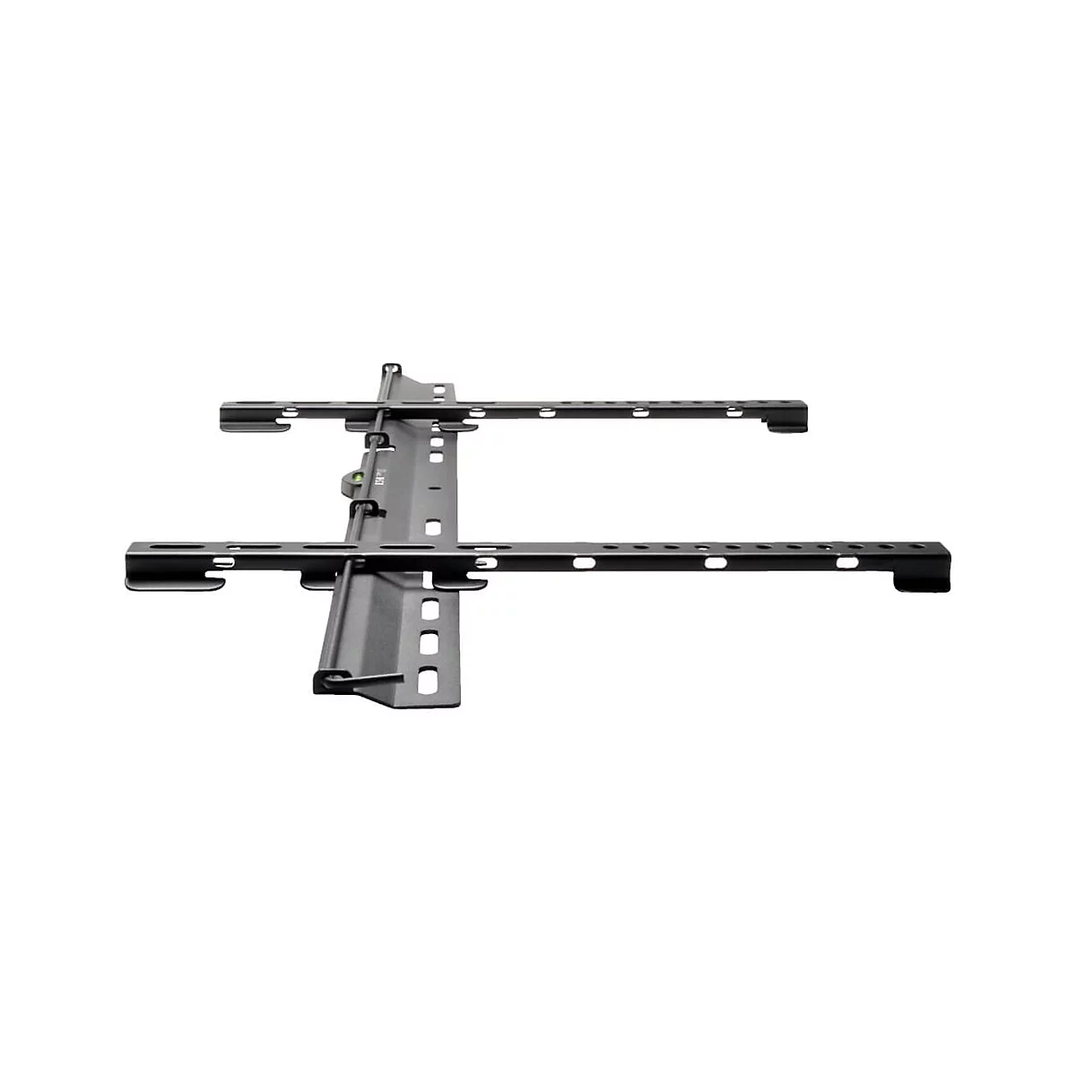 Schwarze TV-Wandhalterung, Metall, mit Löchern und Wasserwaage.