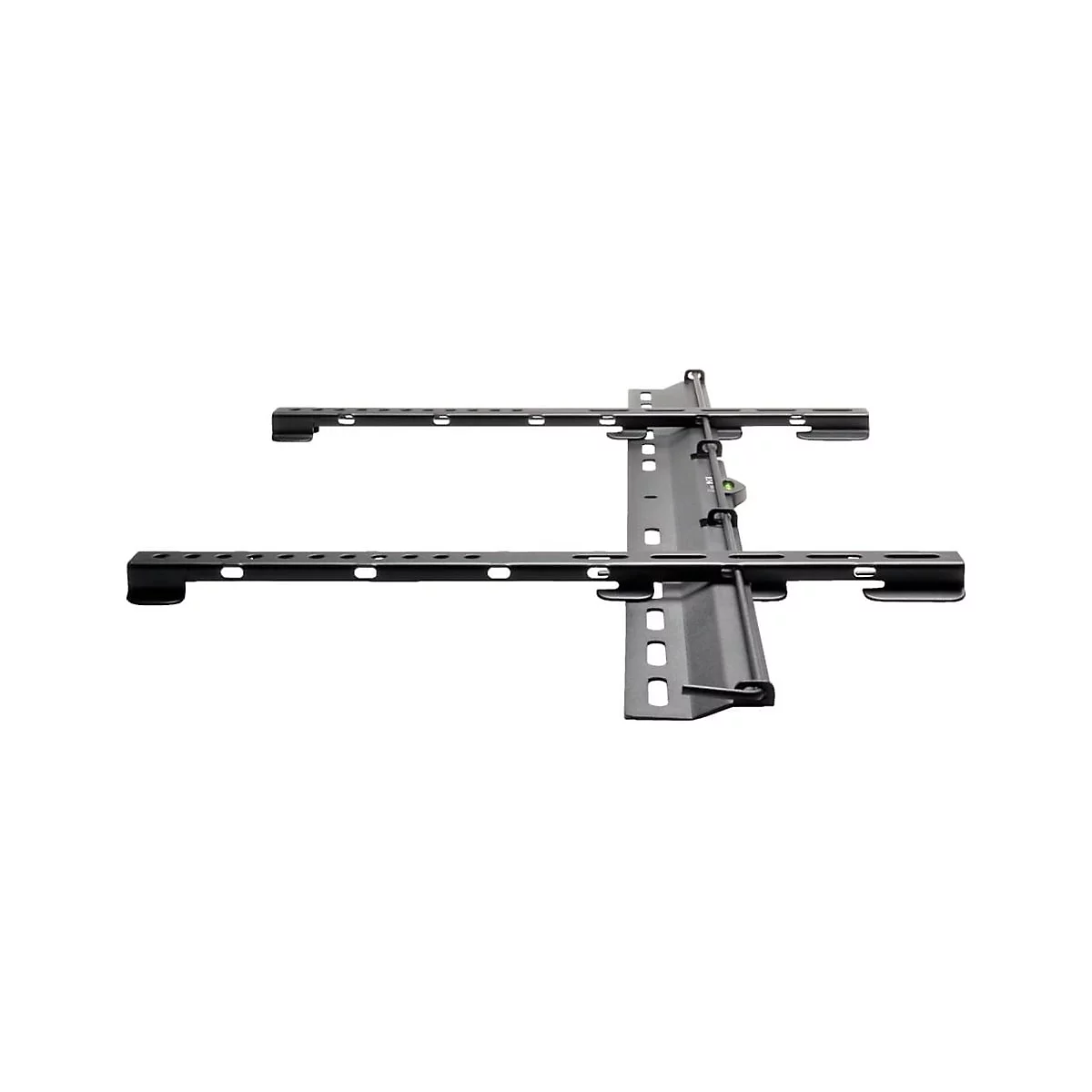 Schwarze TV-Wandhalterung, bestehend aus horizontalen und vertikalen Metallschienen. Einige Löcher für die Schrauben.