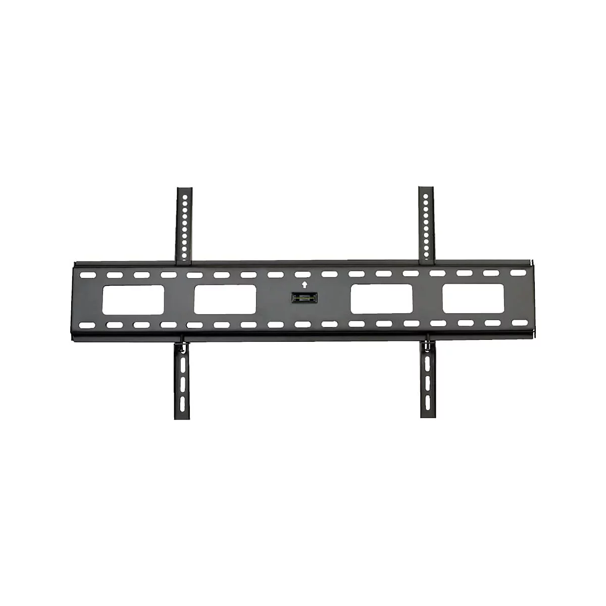 Schwarze TV-Halterung, Frontansicht. Oben und unten sind vertikale Halterungen mit Löchern für die Wandbefestigung. Die horizontale Halterung hat rechteckige Aussparungen.