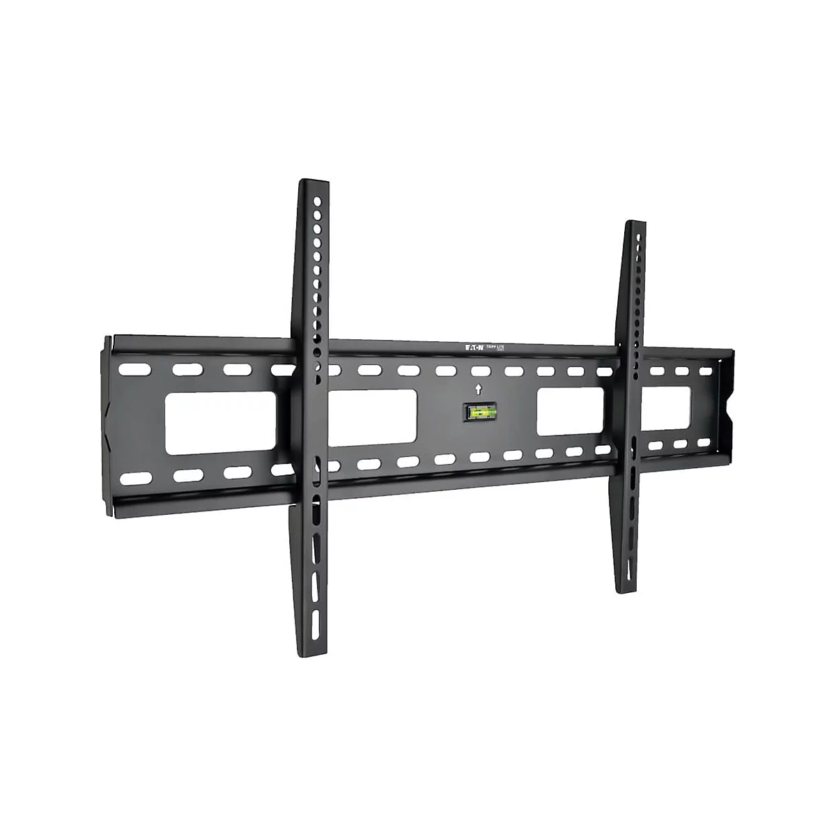 Schwarze TV-Halterung mit Wasserwaage und Herstellerlogo. Horizontal und vertikal positionierte Elemente.