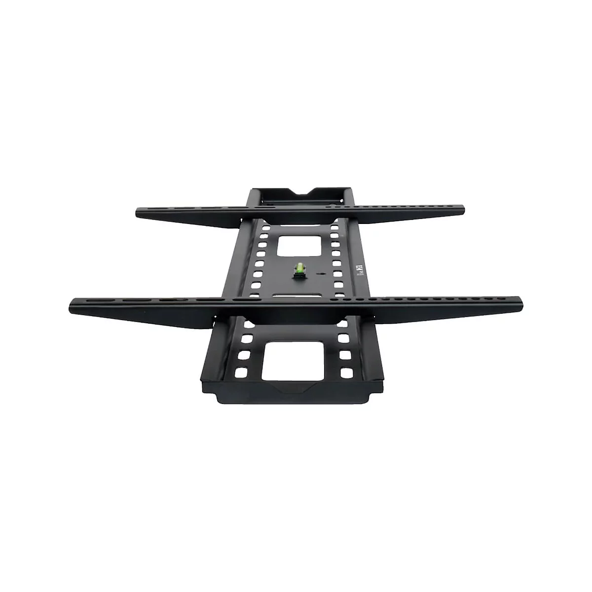 Schwarze TV-Wandhalterung. Mit horizontalen Auslegern, die Löcher und eine Wasserwaage haben.