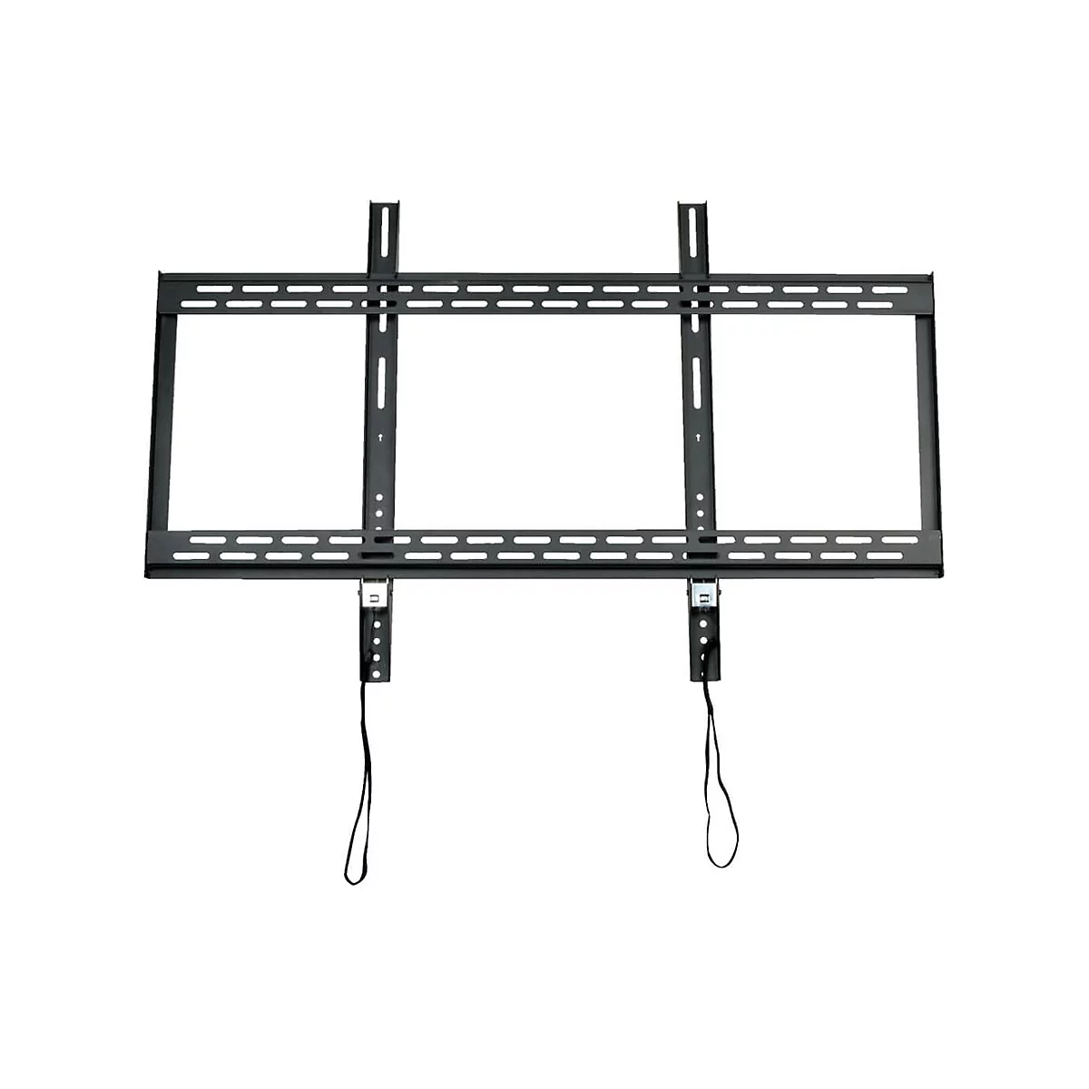 Schwarze TV-Wandhalterung, rechteckige Form mit Lochreihen.