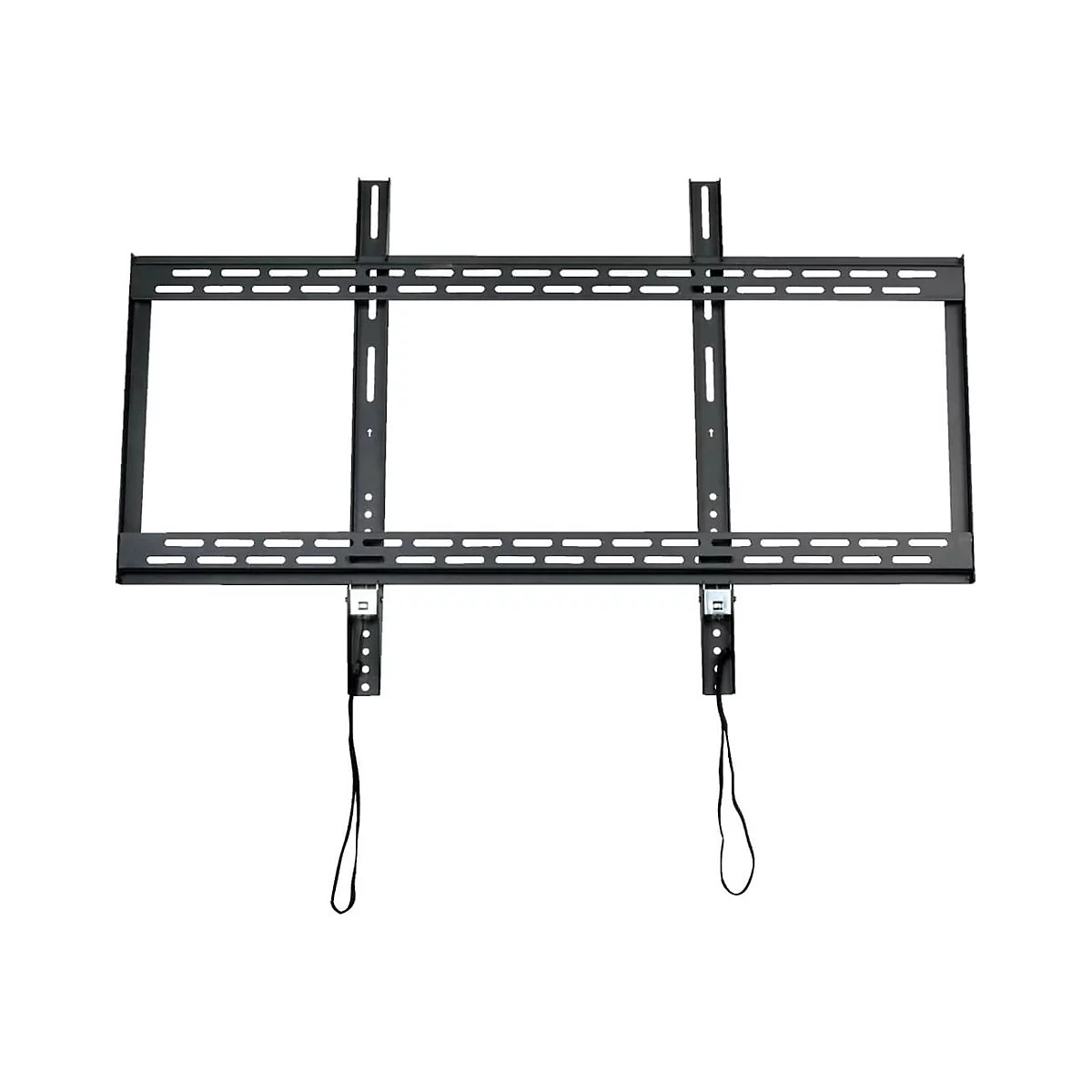 Eine schwarze TV-Halterung, bestehend aus horizontalen und vertikalen Stangen, mit Löchern und Seilen.