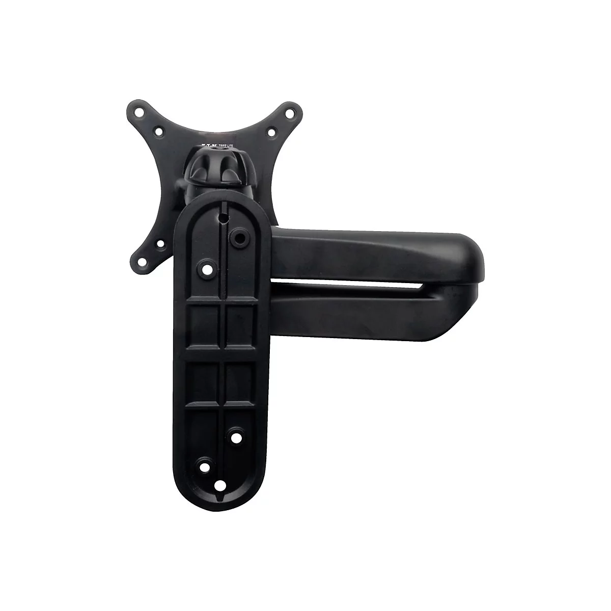 Schwarze TV-Halterung mit drehbarem Arm. Anbringungsvorrichtung mit vier Löchern, mehrere Gelenke, sowie längliche Stütze.