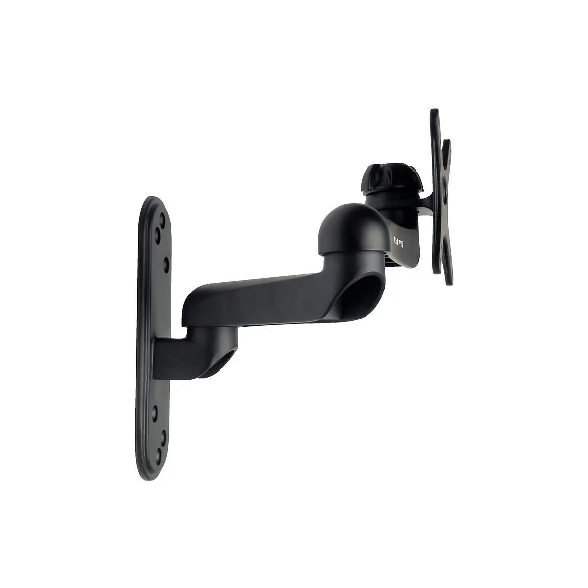 Schwarze TV-Wandhalterung, drehbar, an weißem Hintergrund. Aufnahme mit Fokus auf Mechanik und Halterung.