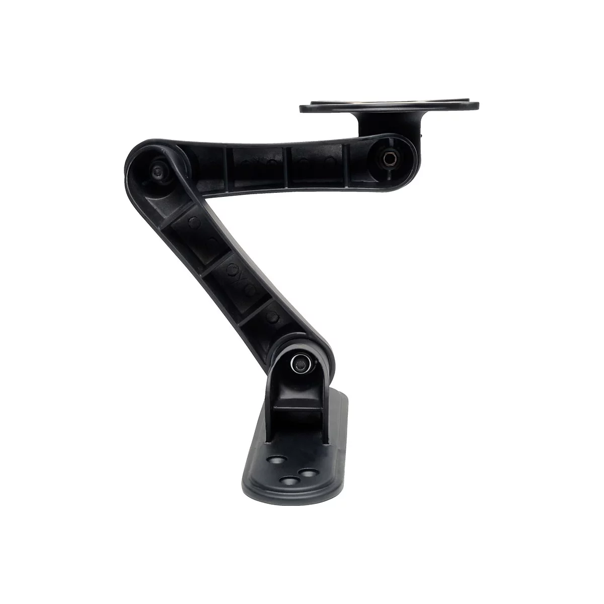 Schwarze, winkelverstellbare Halterung aus Kunststoff. Sie hat eine Basis, einen Arm und eine Halteplatte.