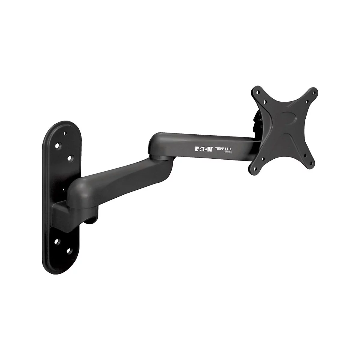 Schwarze Monitorhalterung, an der Wand befestigt. Auf dem Arm der Halterung ist "Eaton Tripp Lite" aufgedruckt.