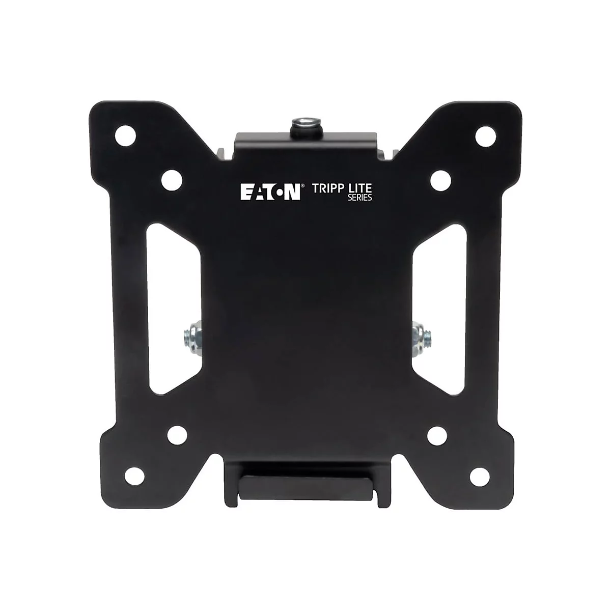 Schwarze TV-Wandhalterung, Markenlogo Eaton Tripp Lite Series, Schrauben und Löcher.