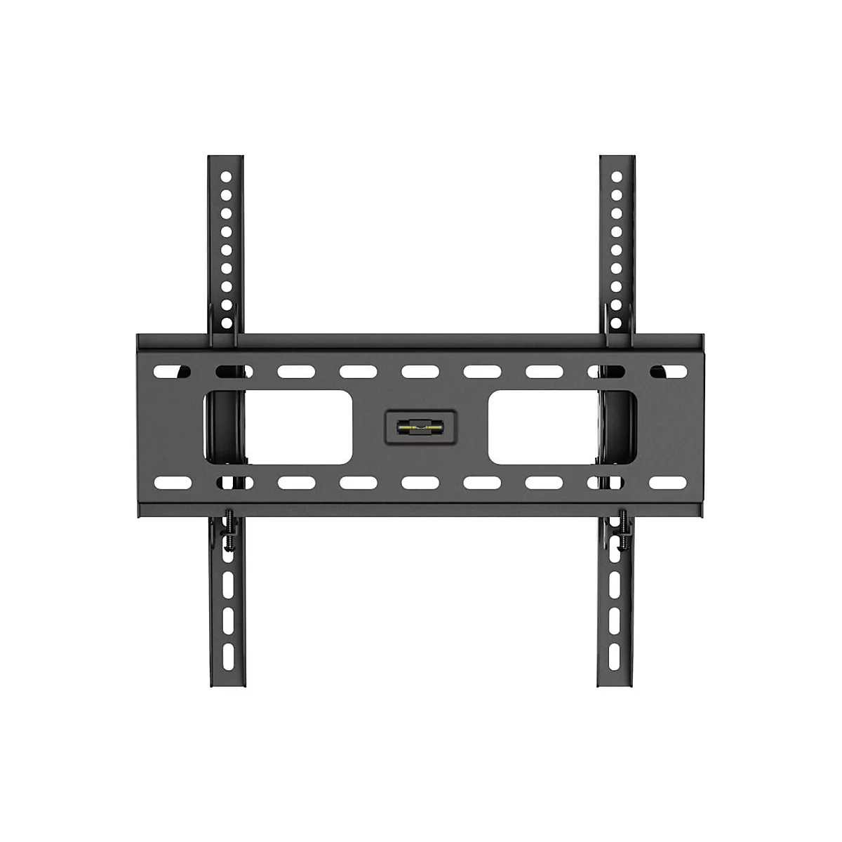 Schwarze TV-Wandhalterung, mit Lochmustern und Wasserwaage.