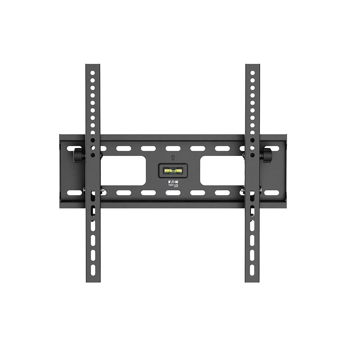 Schwarze TV-Wandhalterung vor weißem Hintergrund. Mit horizontaler und vertikaler Ausrichtung, Wasserwaage und Logo.