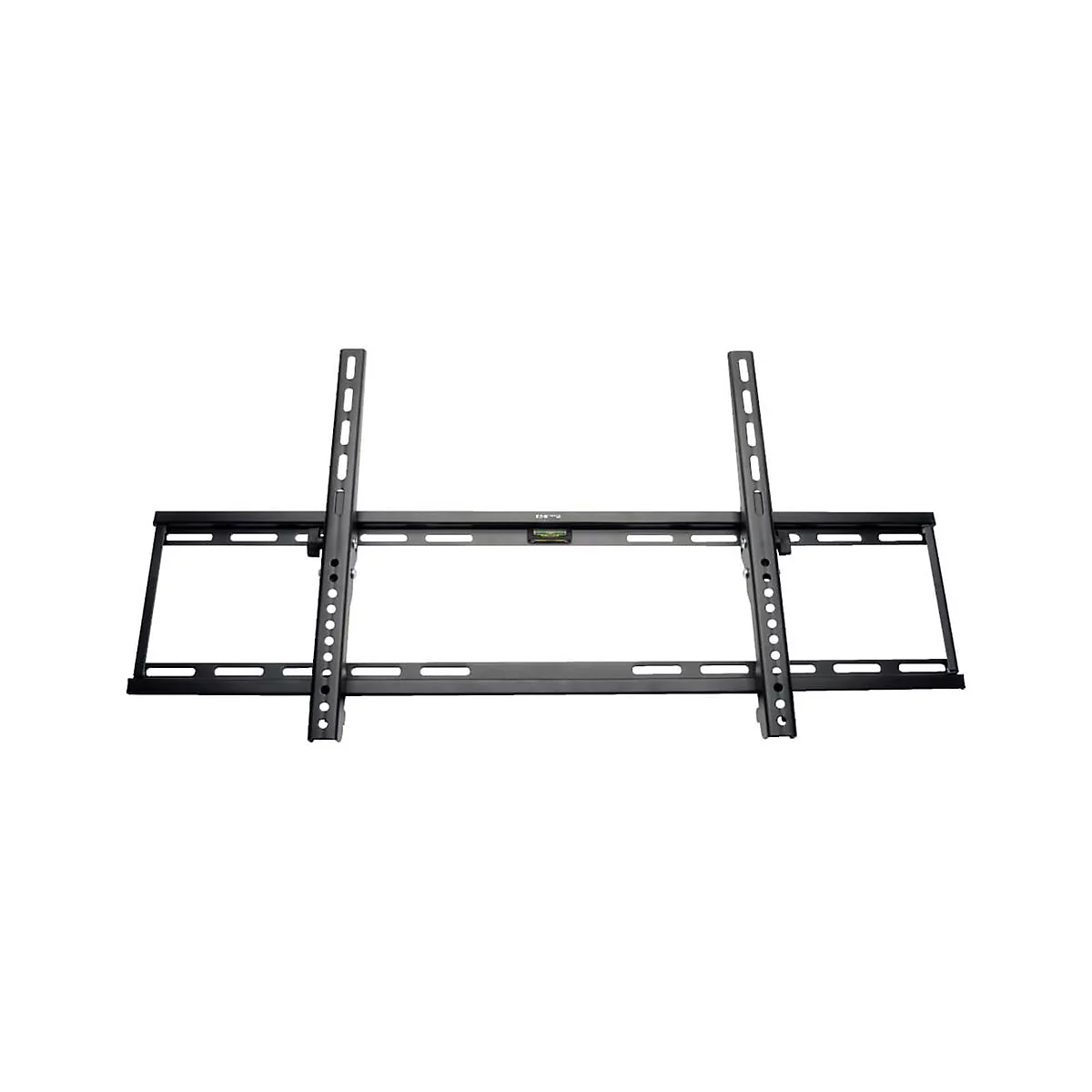 Schwarze TV-Wandhalterung, bestehend aus horizontalen und vertikalen Stangen mit Löchern und Schlitzen.