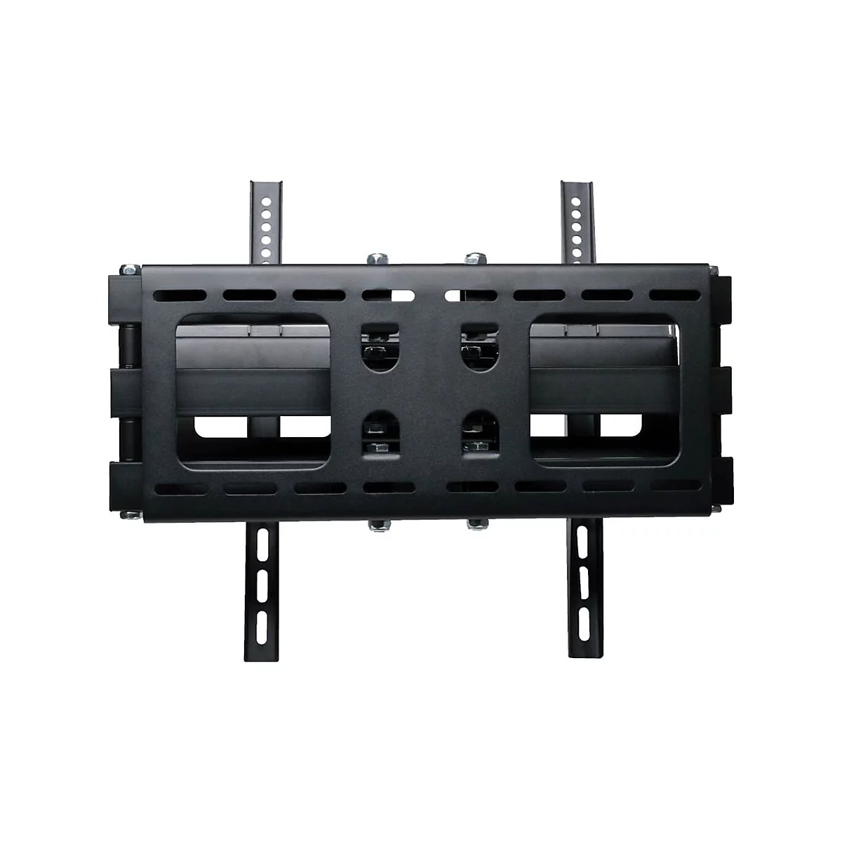 Schwarze TV-Wandhalterung, rechteckig mit Lüftungslöchern. Zwei vertikale Stützen und ein Gelenk.