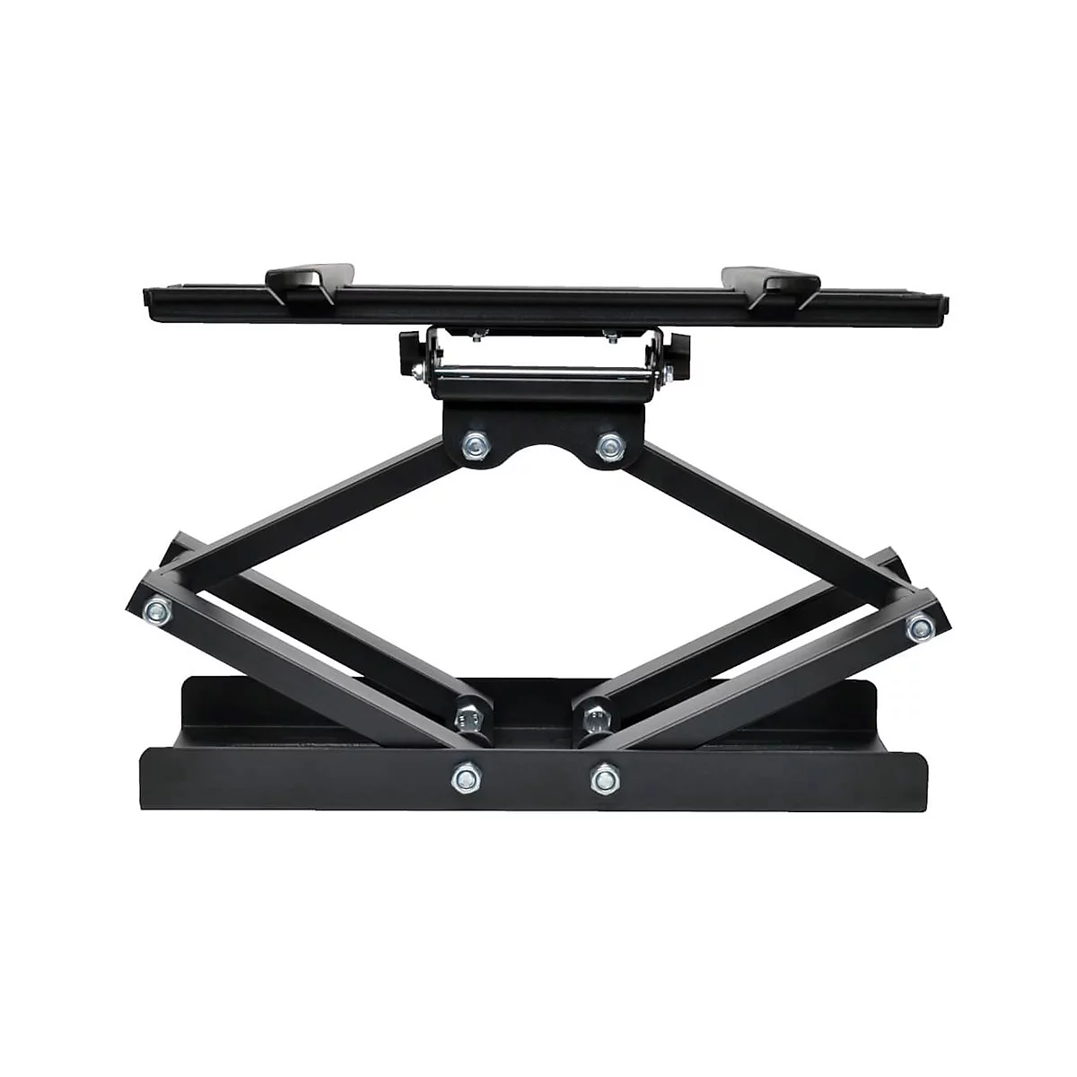 Schwarze TV-Wandhalterung, aus Stahl, mit beweglichen Gelenken und Halterungen für den Fernseher.