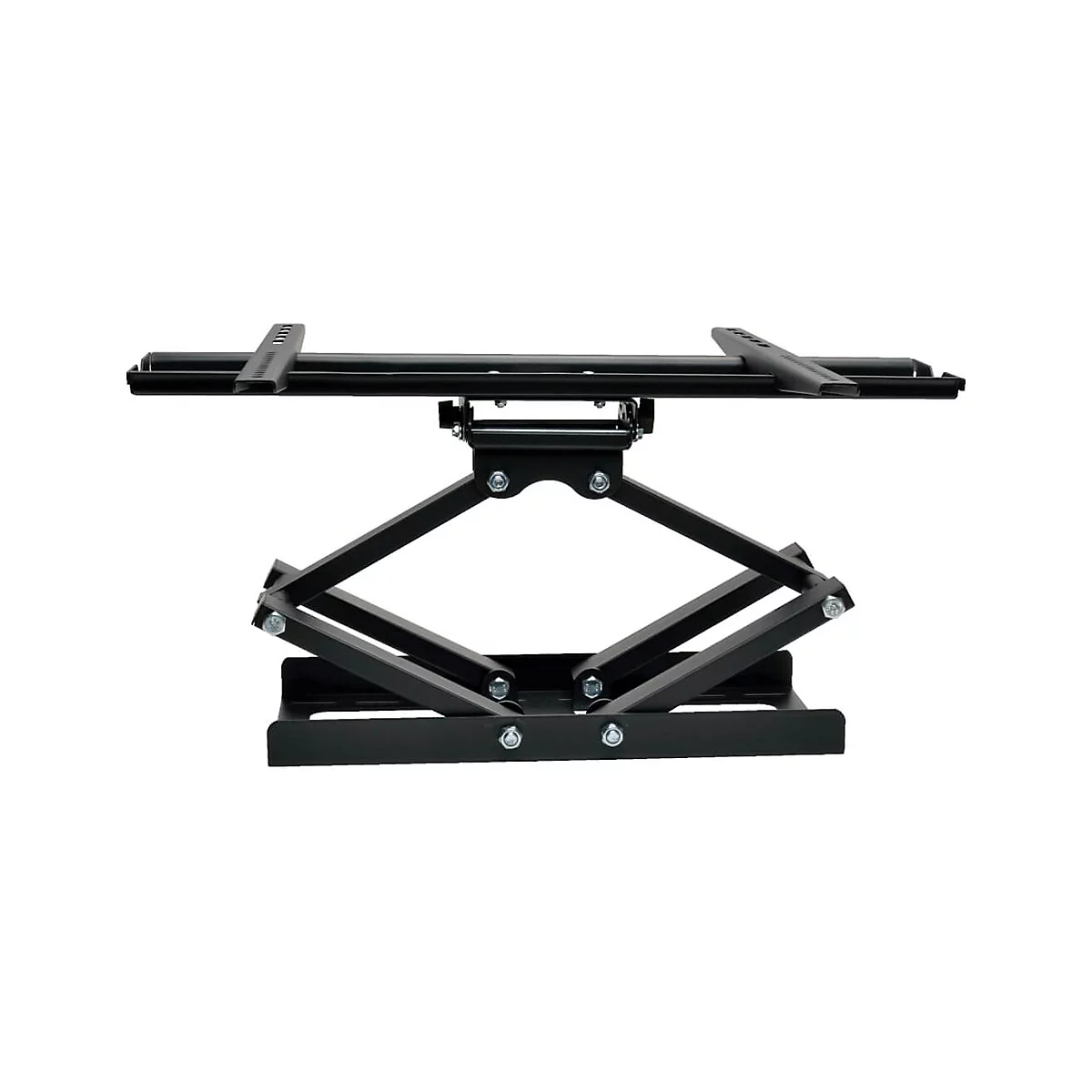 Schwarze TV-Halterung, aus Metall. Der Arm ist ausfahrbar. Auf weißem Hintergrund.