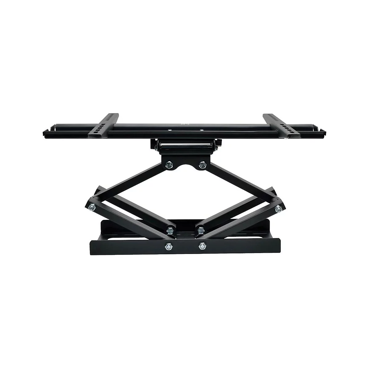 Schwarze TV-Halterung. Der Wandhalter ist aus Metall und hat eine Scherenkonstruktion.